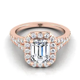 14K Rose Gold Emerald Cut Diamond Simple Prong Halo with Petite Split Shank Pave Engagement Ring -1/2ctw