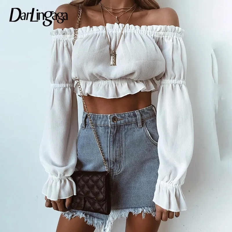 2021 Women's  Darlingaga Fashion, Off shoulder Sexy Crop Top With Ruffle Pull Sleeve Sizes S - L