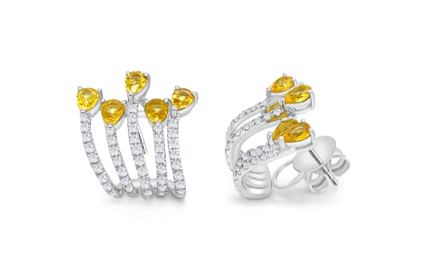 Earrings 18kt Gold Pear Yellow Sapphires & Round Diamonds Lobe Studs