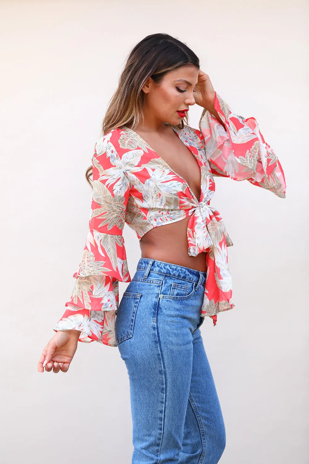 LAYERED BELL SLEEVE RUFFLE TOP