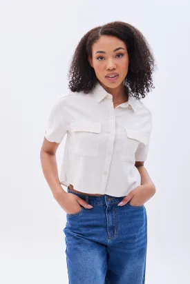 Linen-Blend Cropped Short Sleeve Shirt