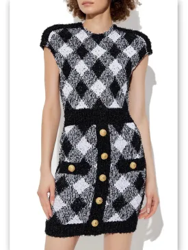 Women’s Black and White Diamond-Pattern Knit Mini Dress